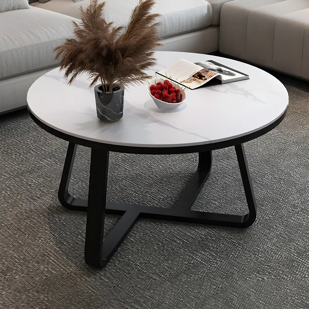 Round Stone Cross-Leg Coffee Table