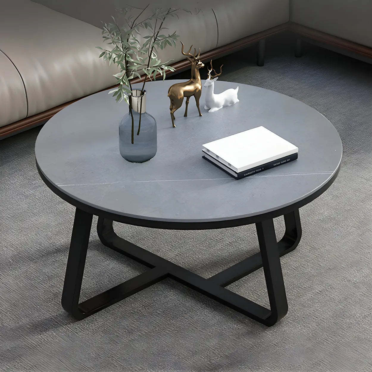 Round Stone Cross-Leg Coffee Table