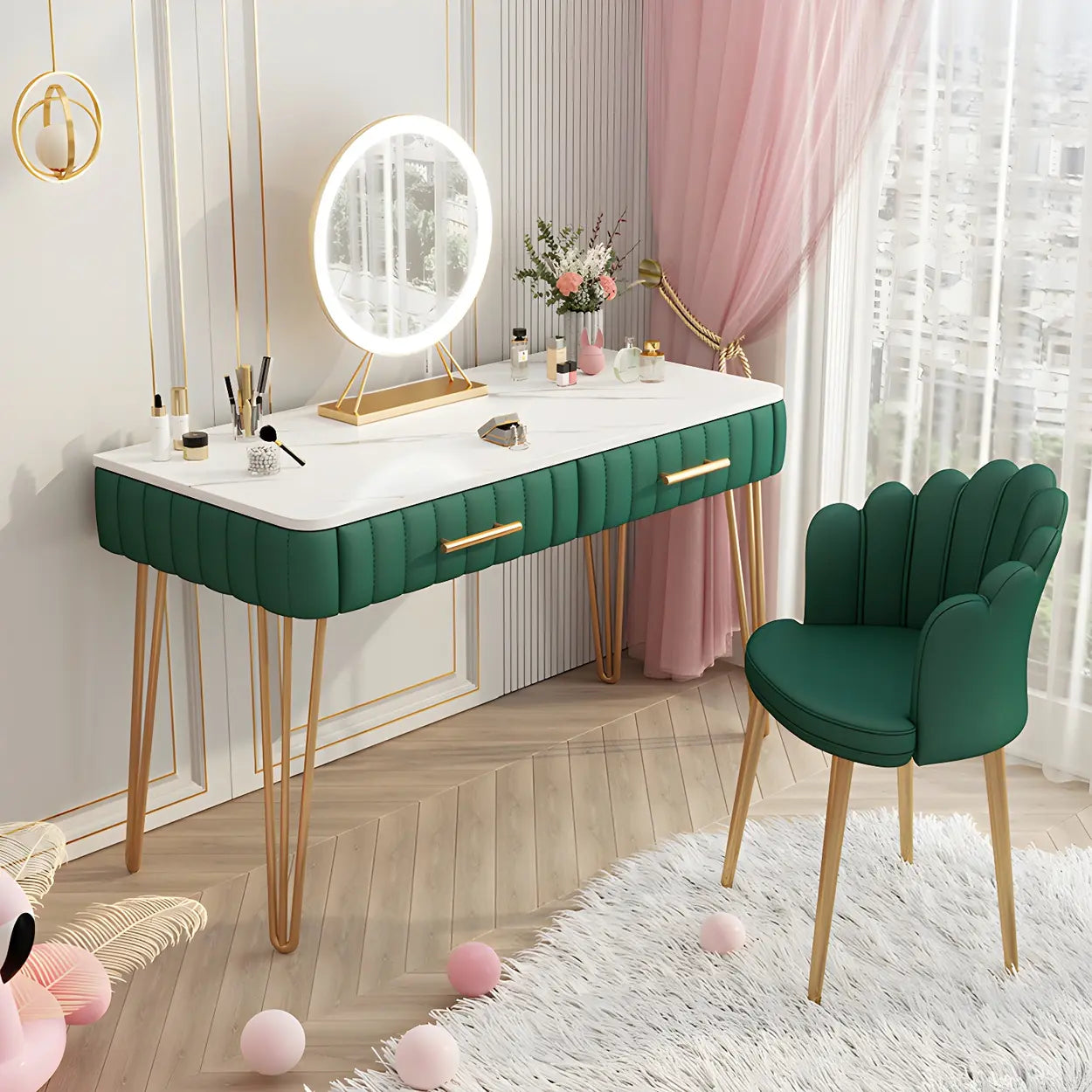 Glam Blackish-Green Wood Vanity with Drawers