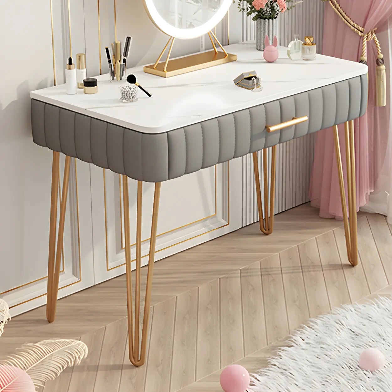 Glam Blackish-Green Wood Vanity with Drawers — Pink