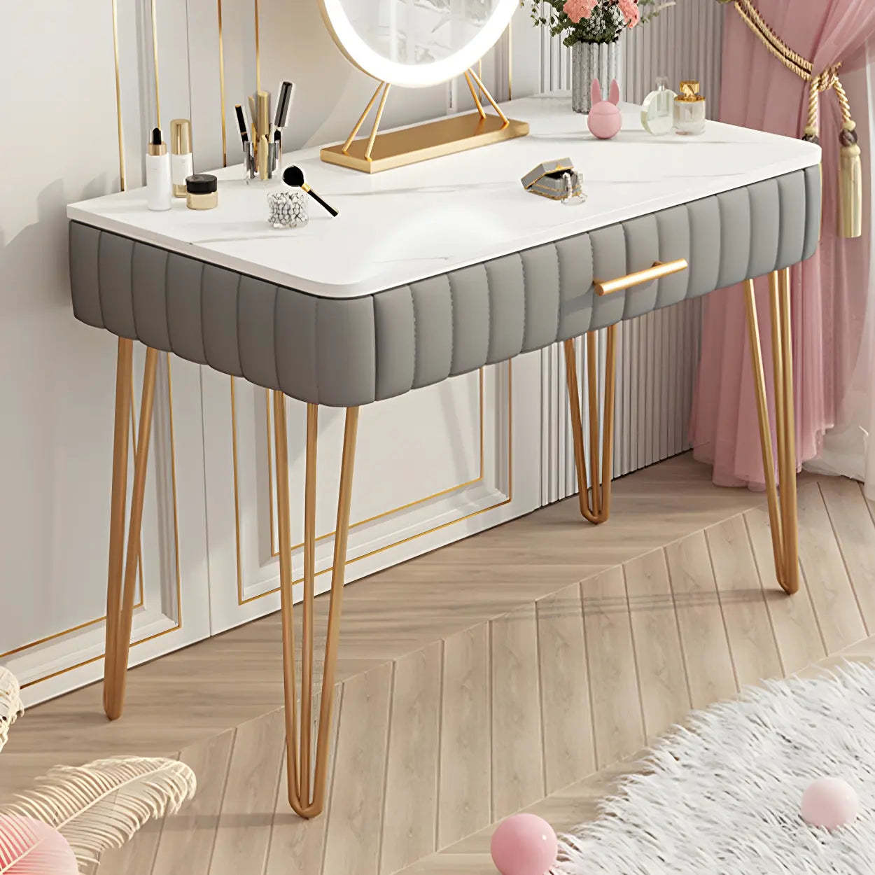 Glam Blackish-Green Wood Vanity with Drawers — Pink
