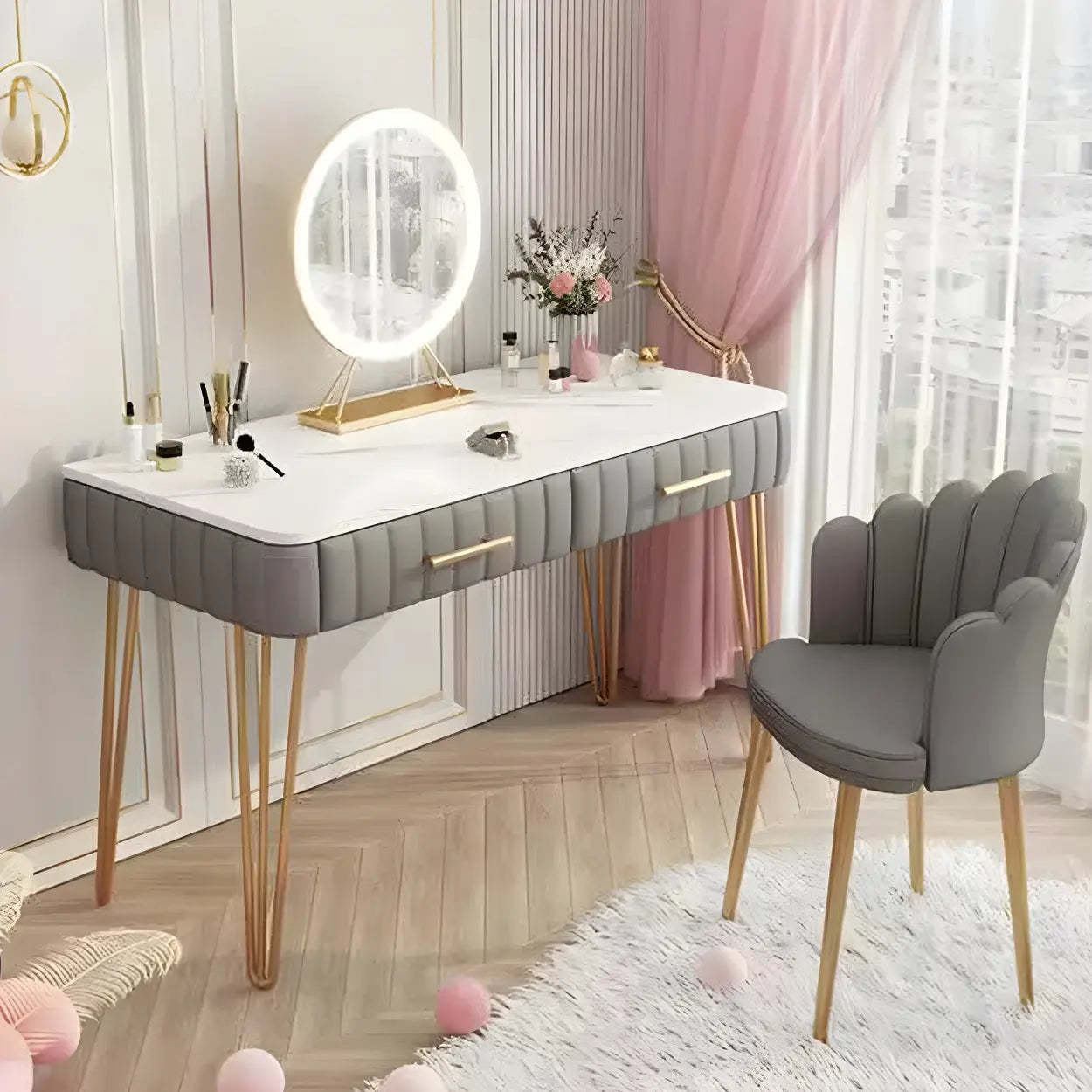 Glam Blackish-Green Wood Vanity with Drawers — Off-White