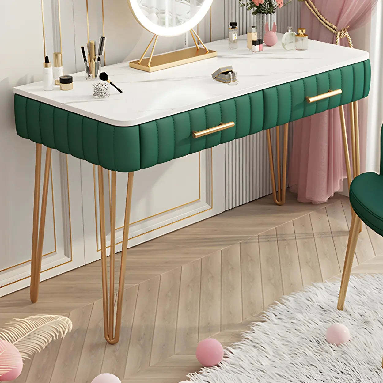 Glam Blackish-Green Wood Vanity with Drawers — Blackish Green