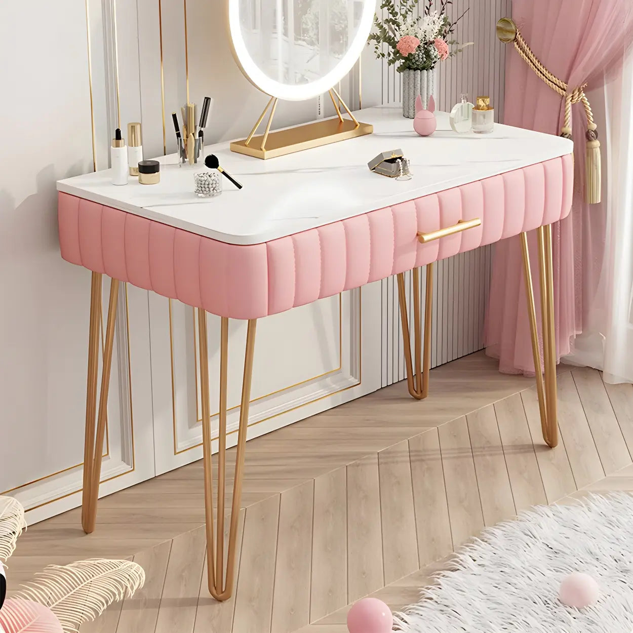 Glam Blackish-Green Wood Vanity with Drawers — Off-White