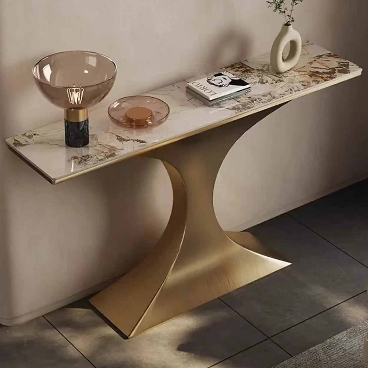 Rectangular Stone-Top Curved Console Table