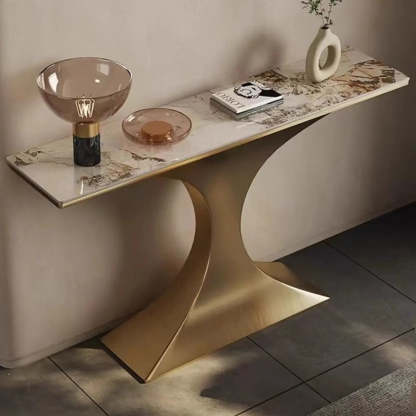 Rectangular Stone-Top Curved Console Table — Champagne Gold