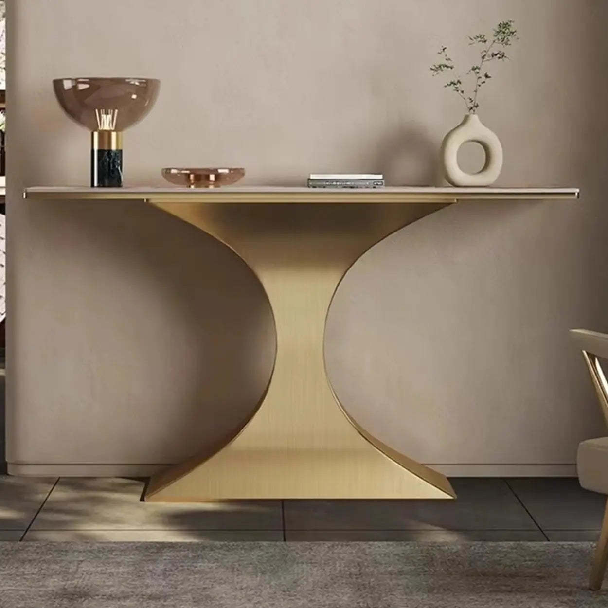 Rectangular Stone-Top Curved Console Table — Champagne Gold