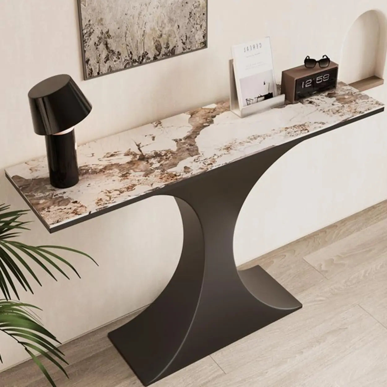 Rectangular Stone-Top Curved Console Table — Matte Black