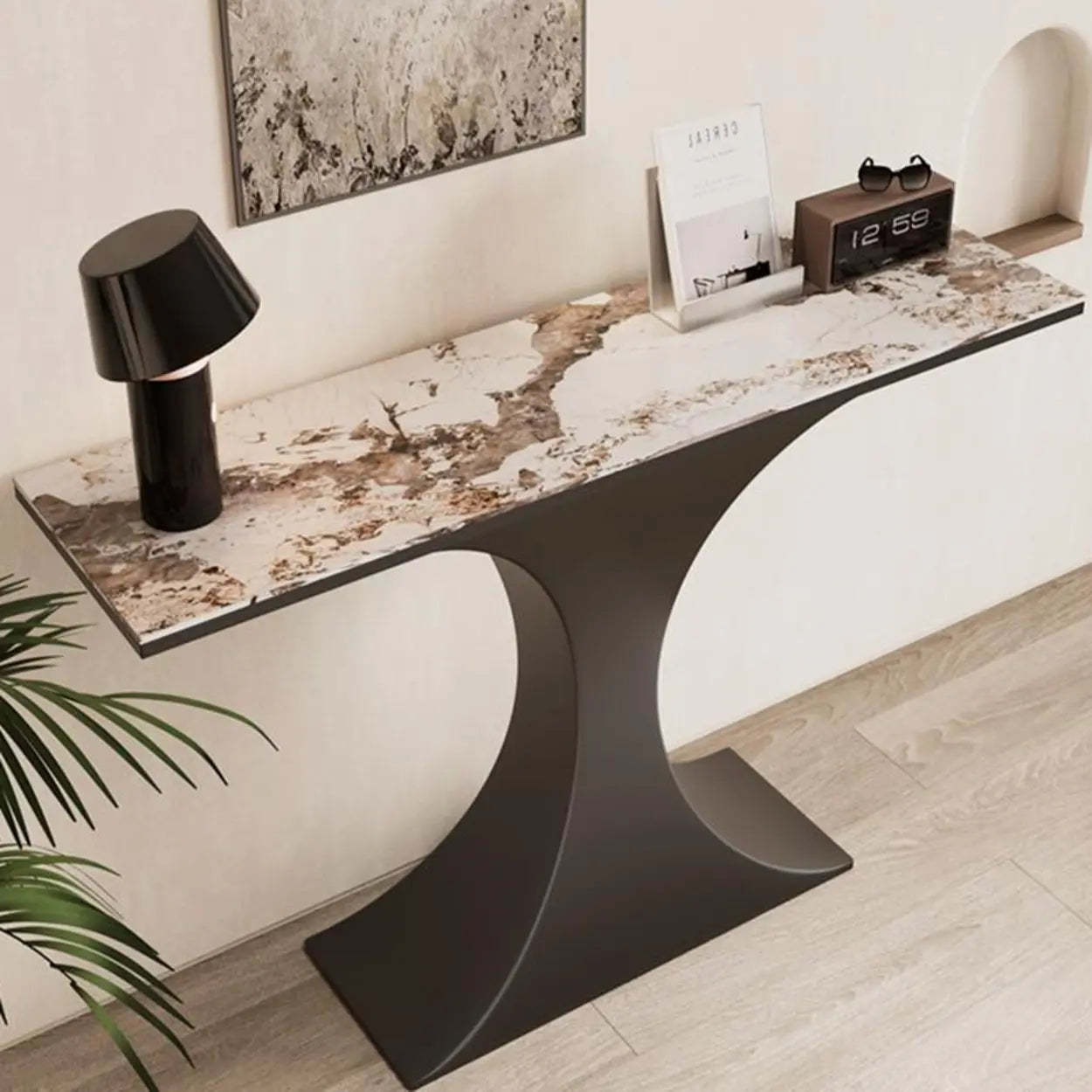 Gray luxury stone-top rectangular end & side tables — 39"L x 14"W x 33"H / Black