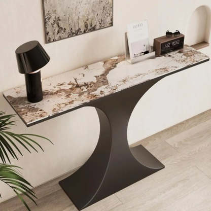 Rectangular Stone-Top Curved Console Table — Matte Black