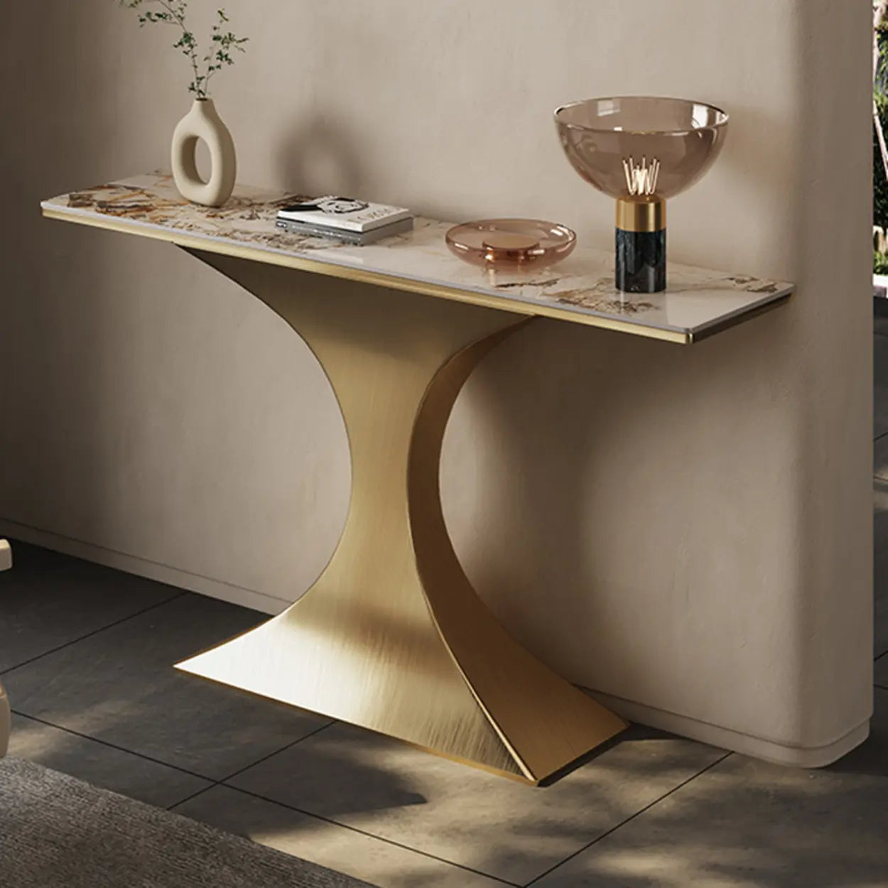 Lighom luxury stone-top curved gray end & side tables — 47"L x 14"W x 33"H / Gold