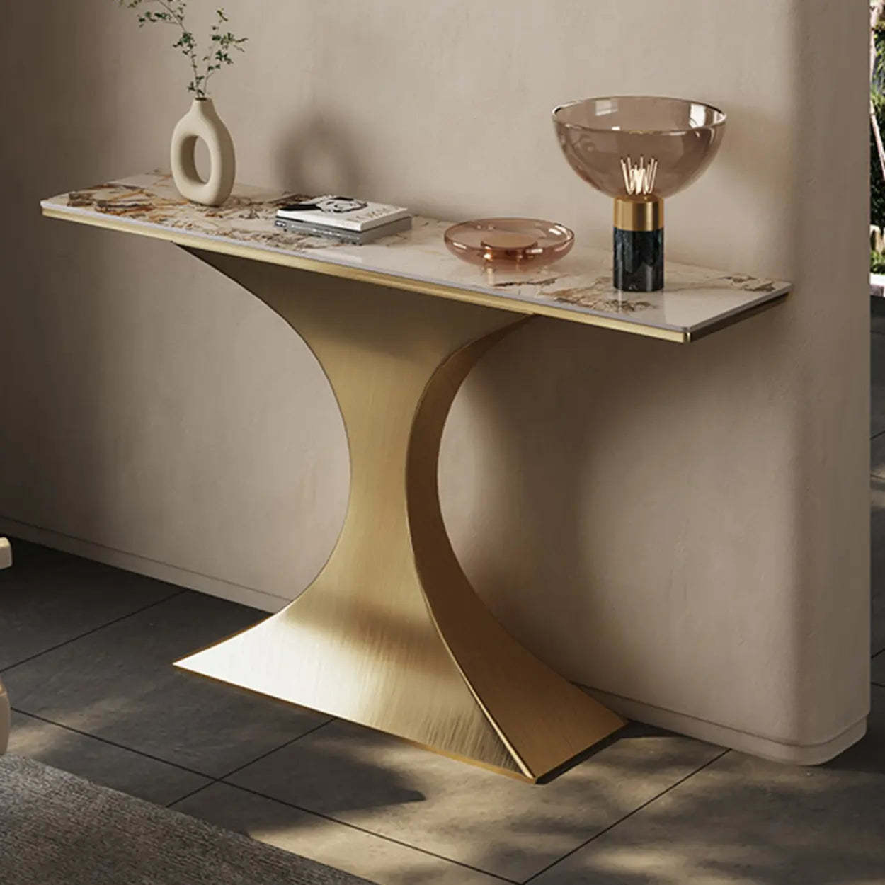Lighom luxury stone-top curved gray end & side tables — 47"L x 14"W x 33"H / Gold