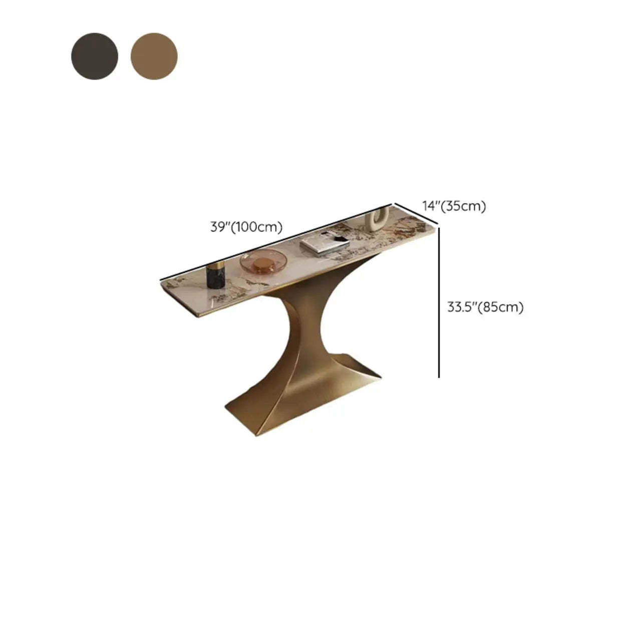 Rectangular Stone-Top Curved Console Table — Matte Black