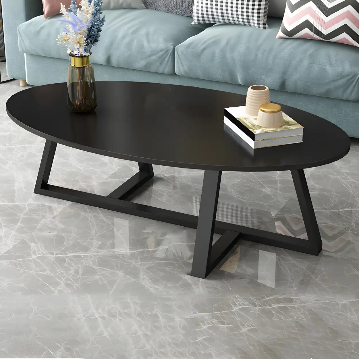 Glam Glass Wood Oval Coffee Table — Black / Black