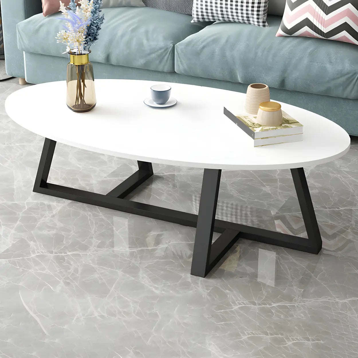 Glam Glass Wood Oval Coffee Table — Black and White / Black