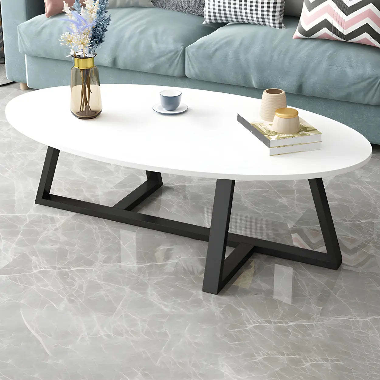 Glam Glass Wood Oval Coffee Table — Black and White / Black