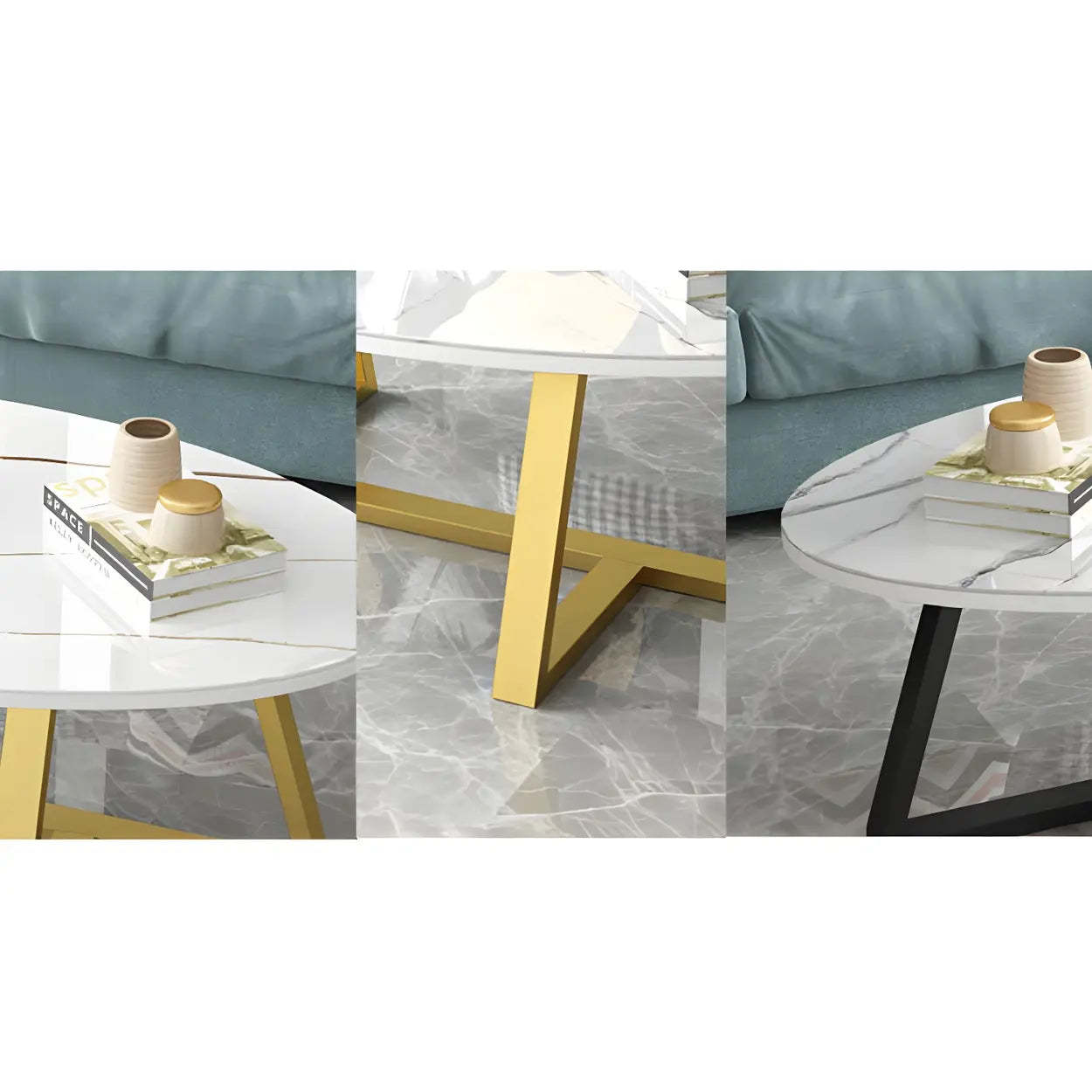 Glam Glass Wood Oval Coffee Table — White-Gray / Black