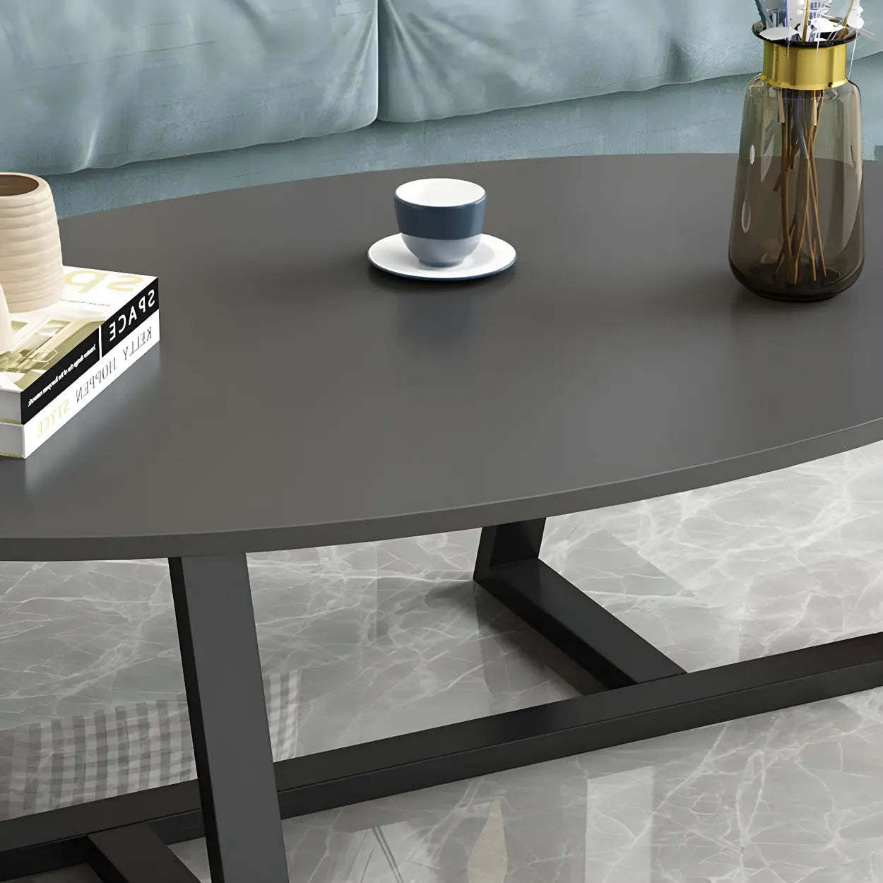 Glam Glass Wood Oval Coffee Table — White-Gray / Gold