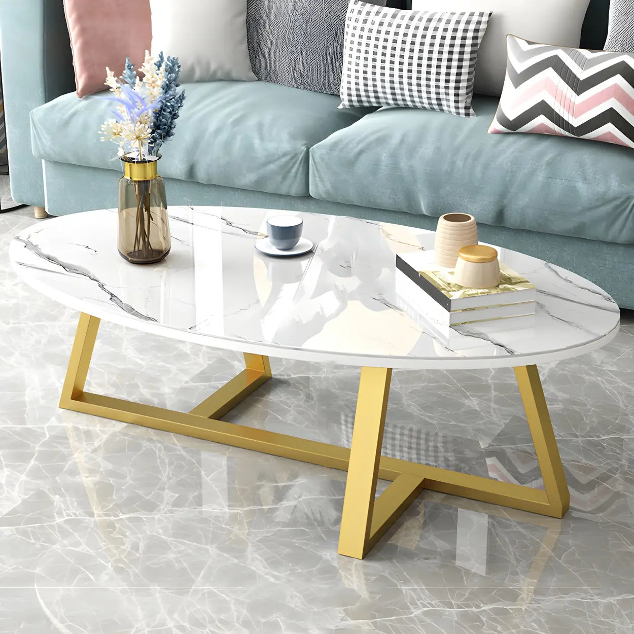 Glam Glass Wood Oval Coffee Table — Black and White / Black