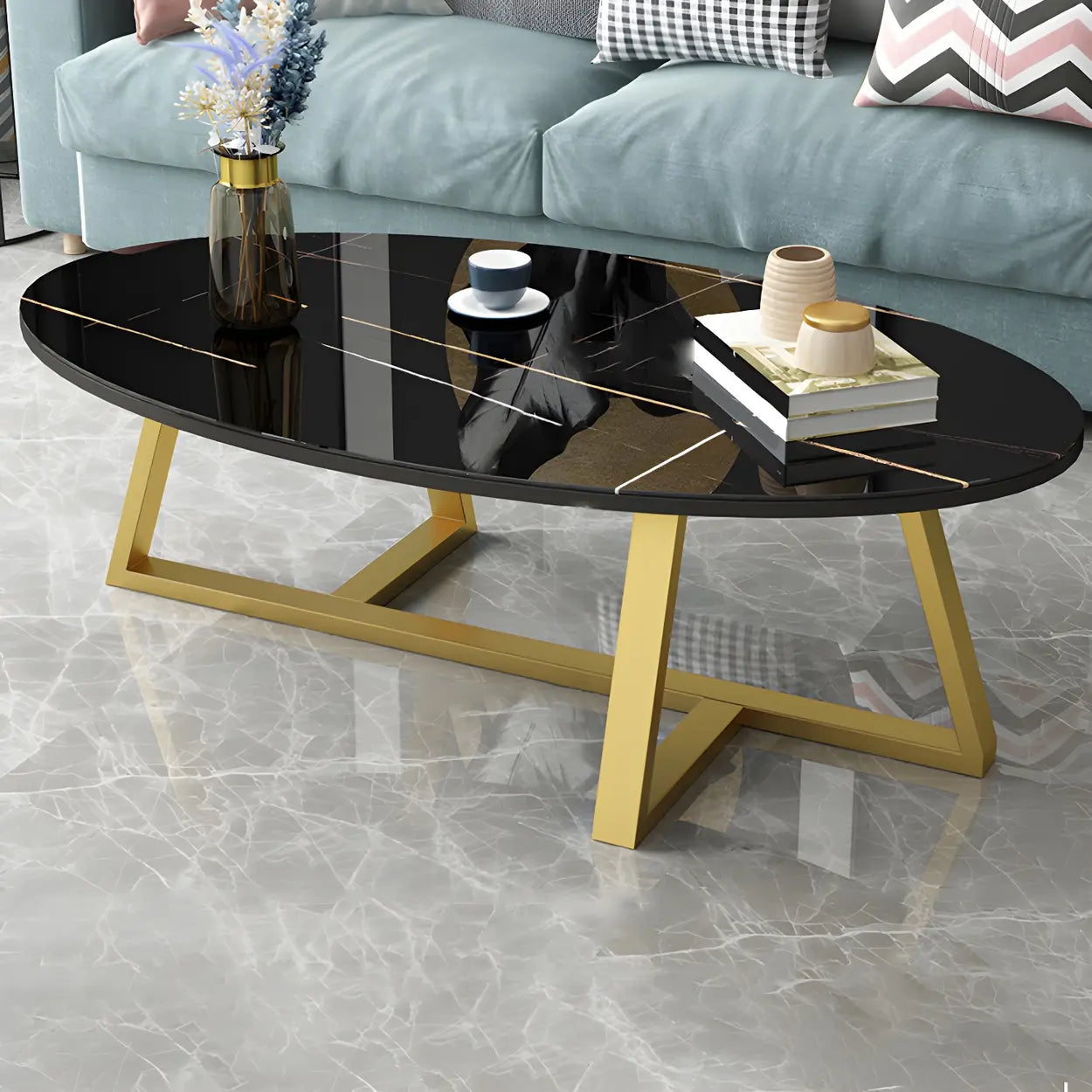 Glam Glass Wood Oval Coffee Table — Black-Gold / Black