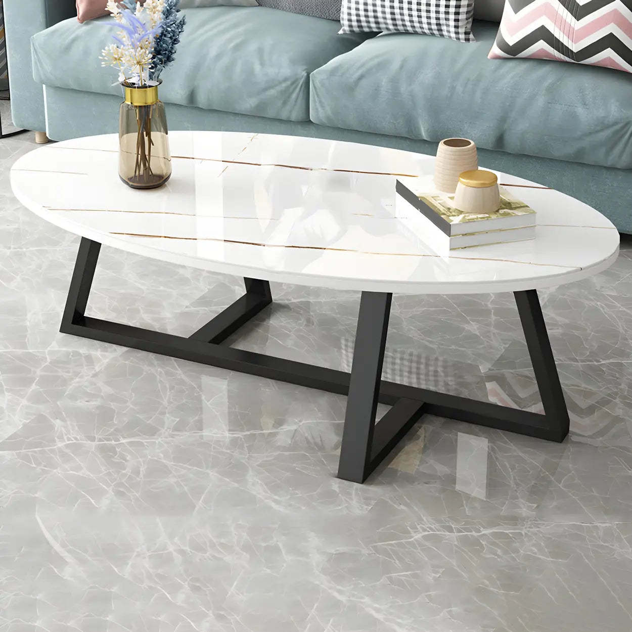 Glam Glass Wood Oval Coffee Table