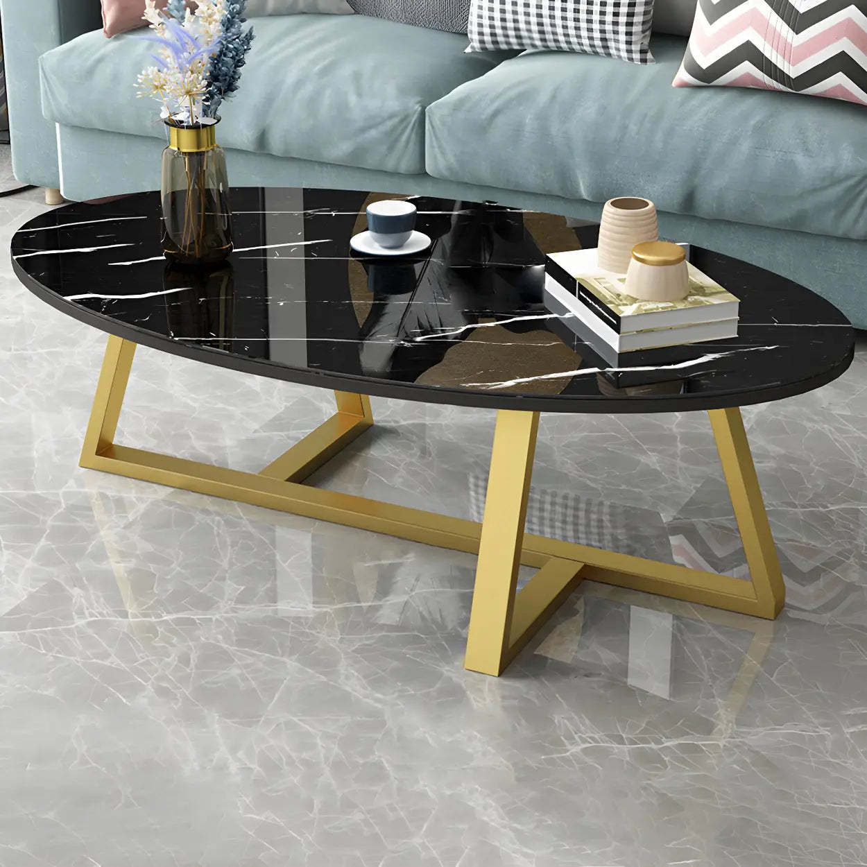 Glam Glass Wood Oval Coffee Table — White-Gray / Black