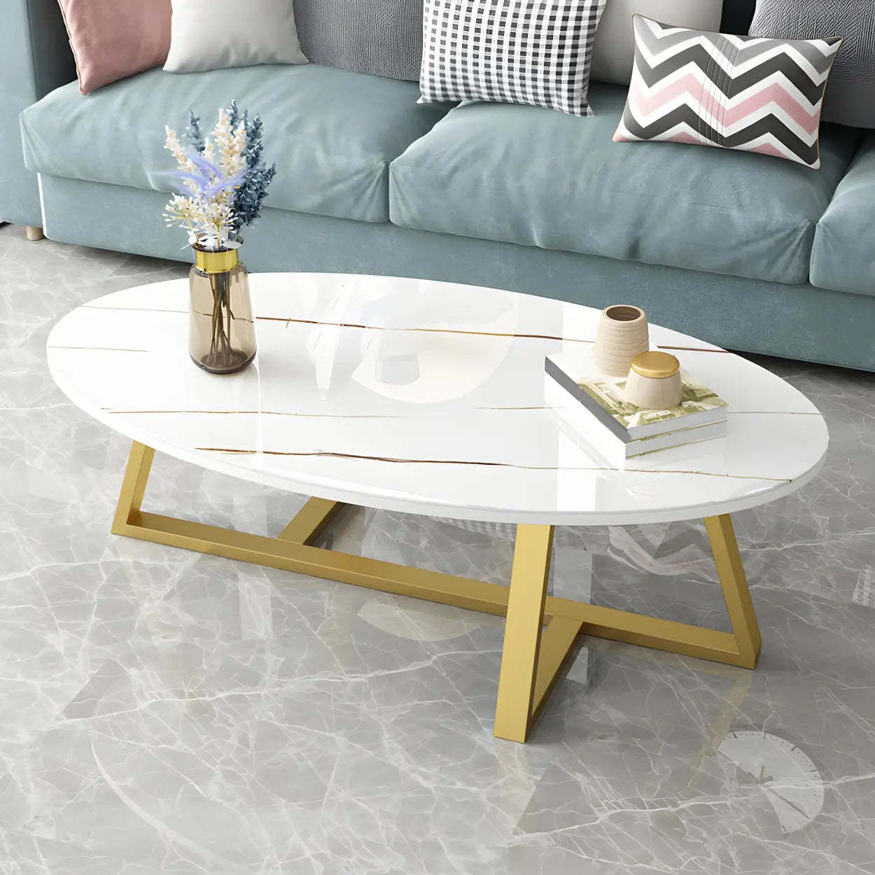 Glam Glass Wood Oval Coffee Table — White-Gray / Gold