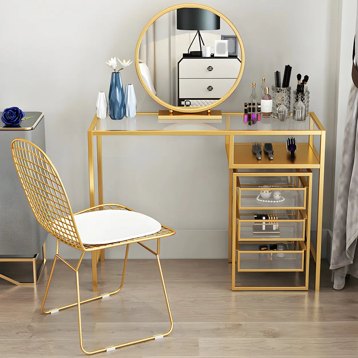Glam Gold Metal Glass Vanity with Storage Box — Makeup Vanity & Storage Box & Mirror