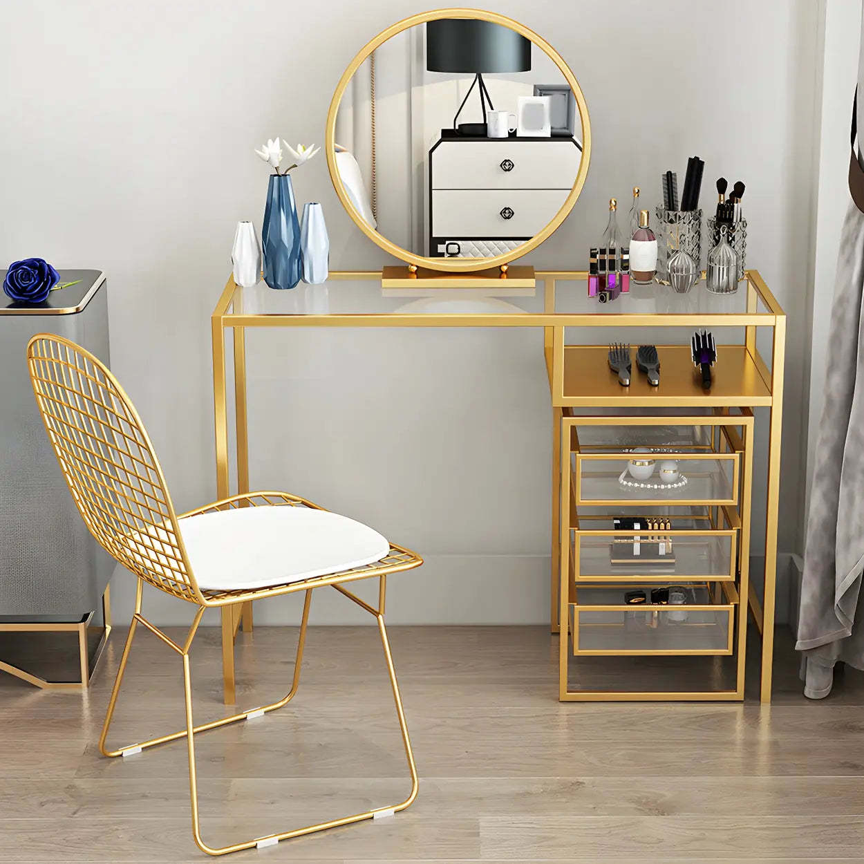 Glam Gold Metal Glass Vanity with Storage Box — Makeup Vanity & Storage Box & Mirror