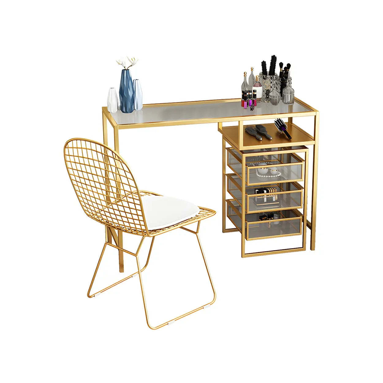 Glam Gold Metal Glass Vanity with Storage Box — Makeup Vanity & Storage Box & Chair