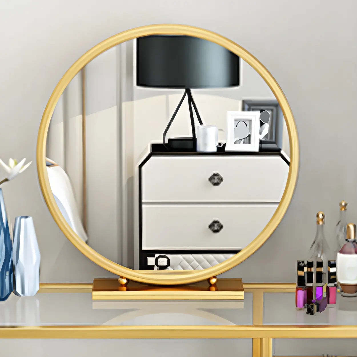 Glam Gold Metal Glass Vanity with Storage Box — Makeup Vanity & Storage Box & Mirror & Chair