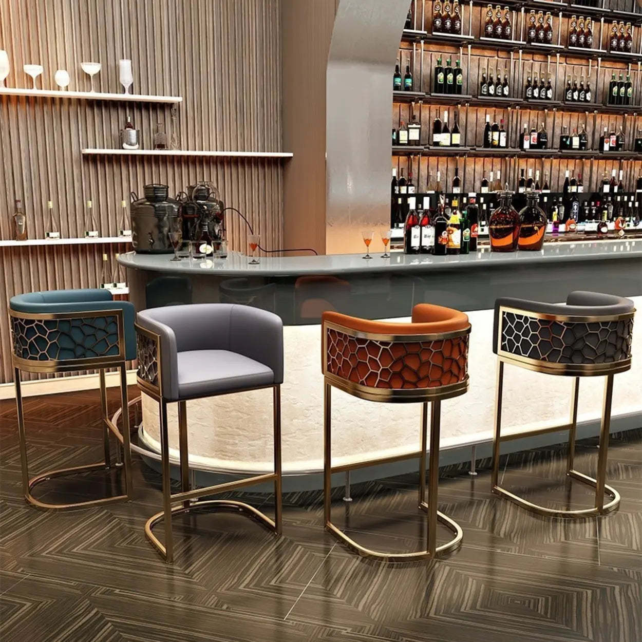Glam Gold Metal Sled Leather Bar Stool — Blue