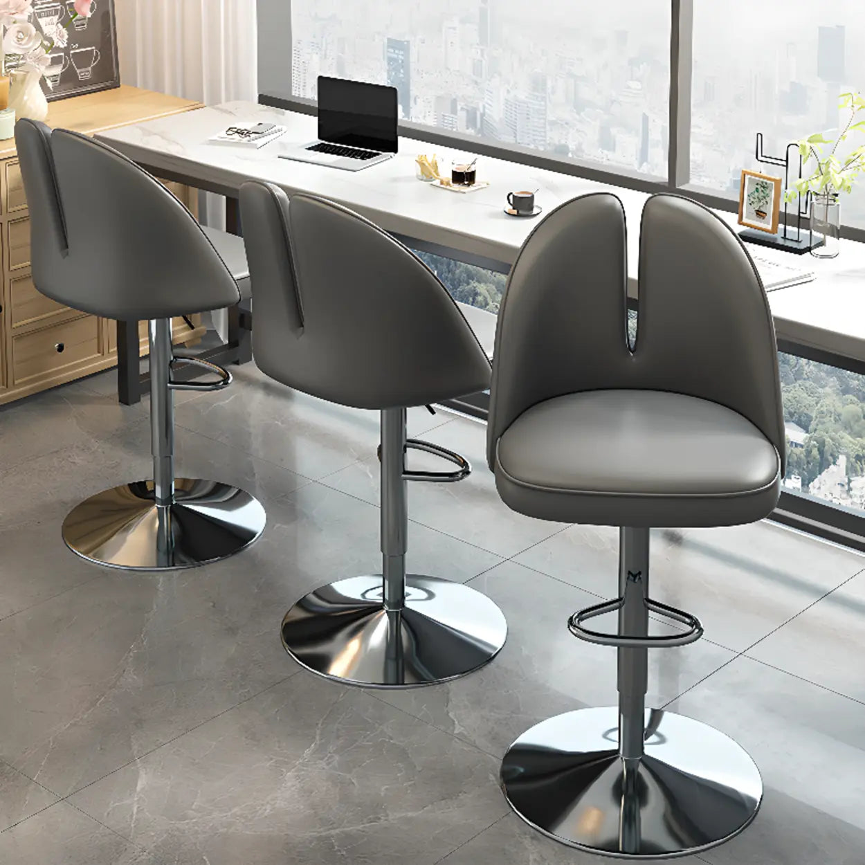 Glam Gray Swivel Leather Bar Stool with Back — Black / Black