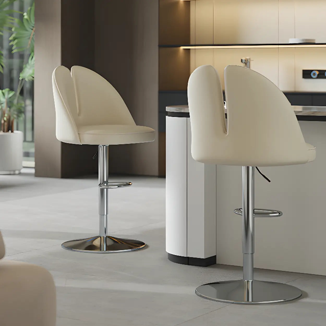 Glam Gray Swivel Leather Bar Stool with Back — Beige / Silver