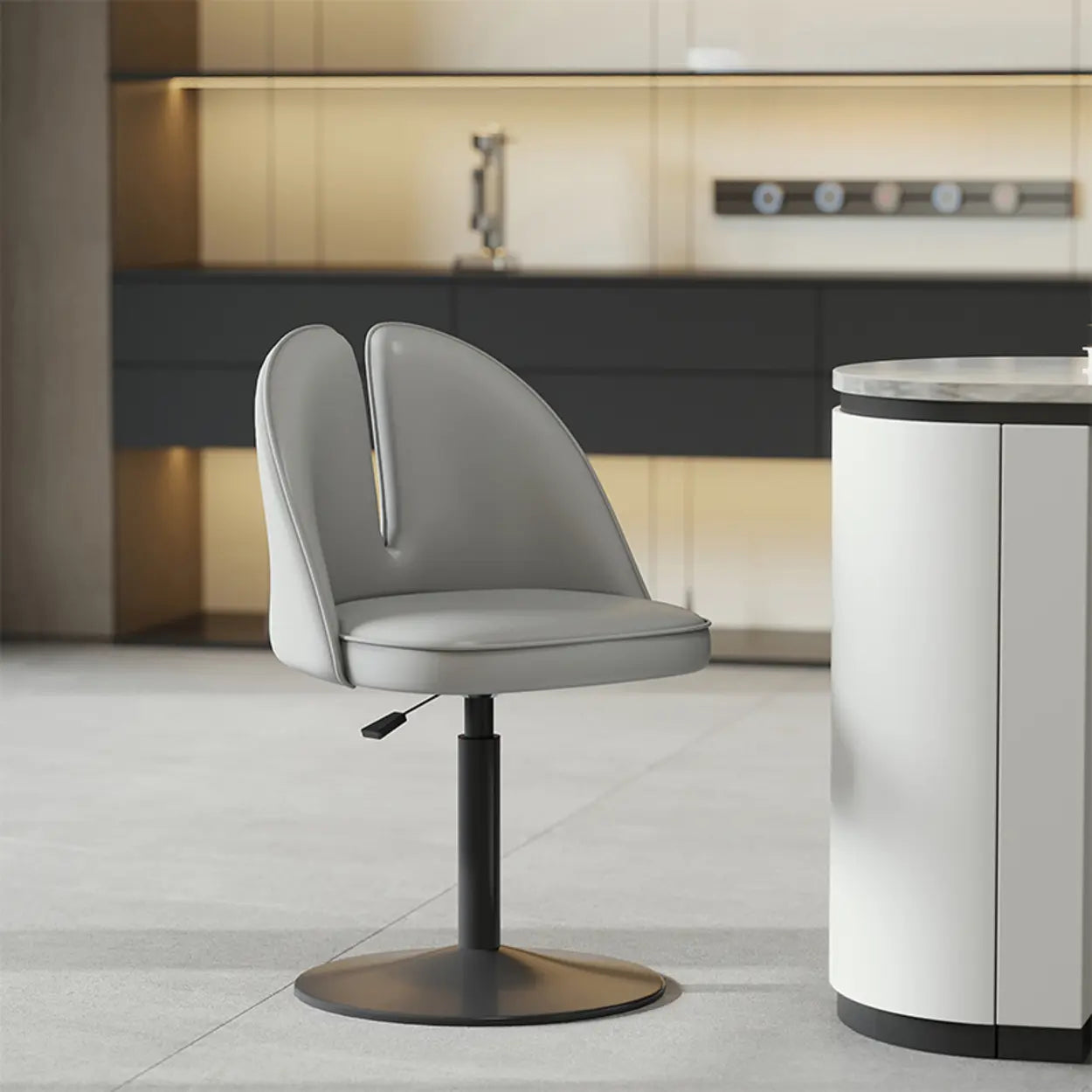 Glam Gray Swivel Leather Bar Stool with Back — Khaki / Black