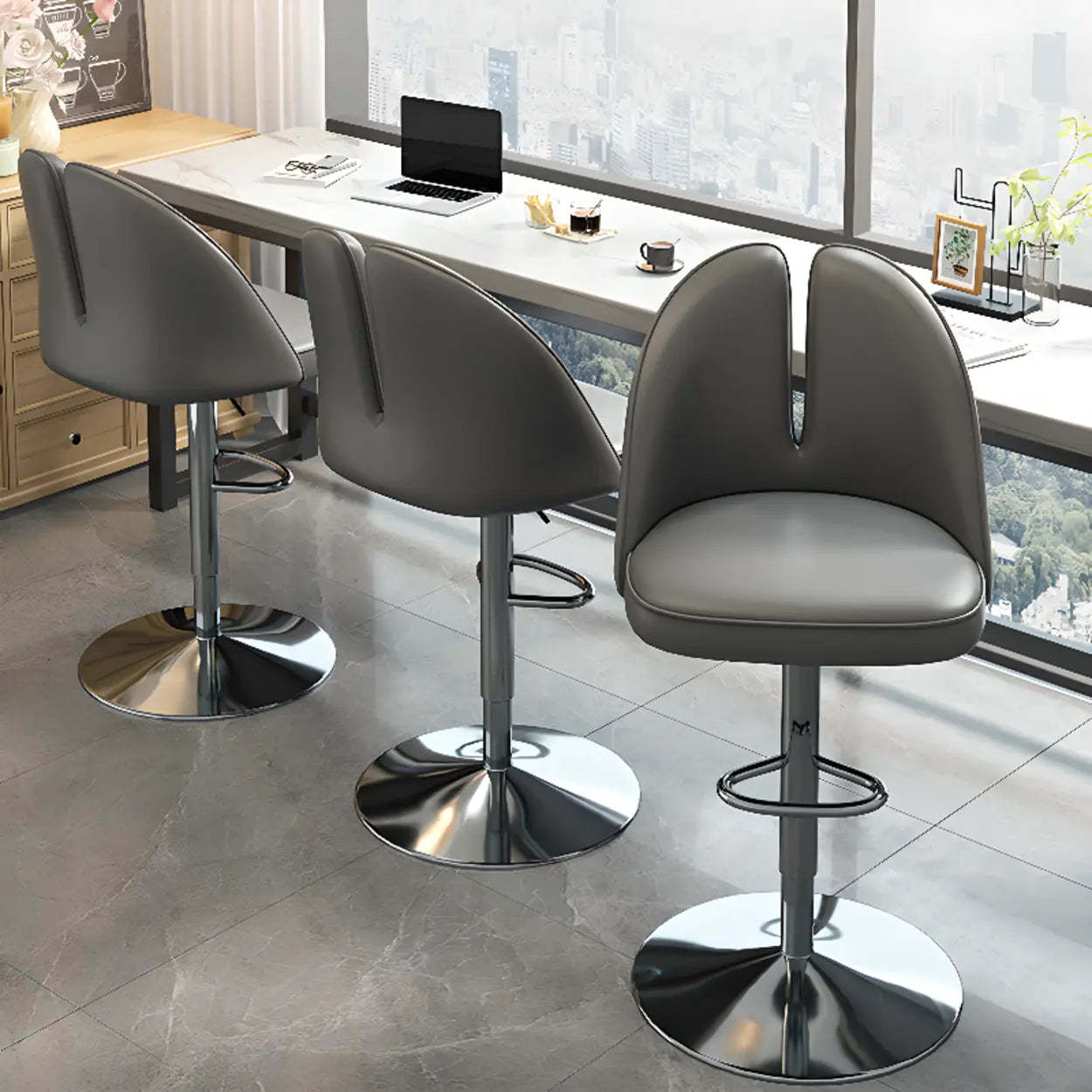 Glam Gray Swivel Leather Bar Stool with Back — Black / Black