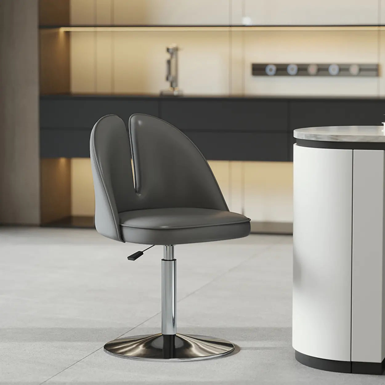 Glam Gray Swivel Leather Bar Stool with Back — Dark Gray / Silver