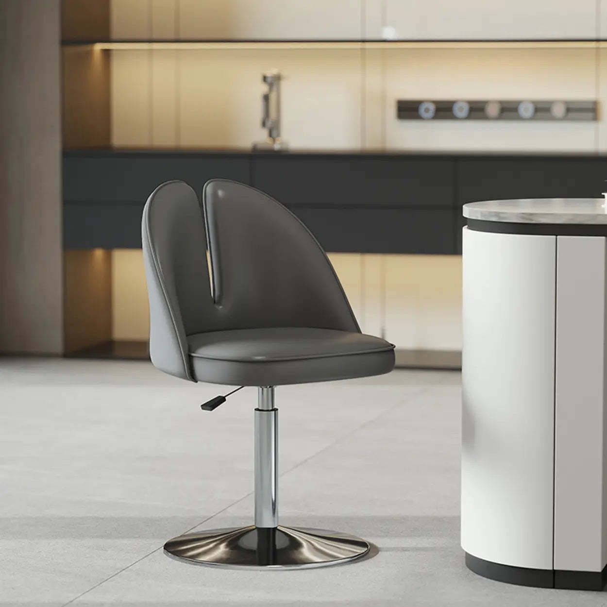 Glam Gray Swivel Leather Bar Stool with Back — Dark Gray / Silver