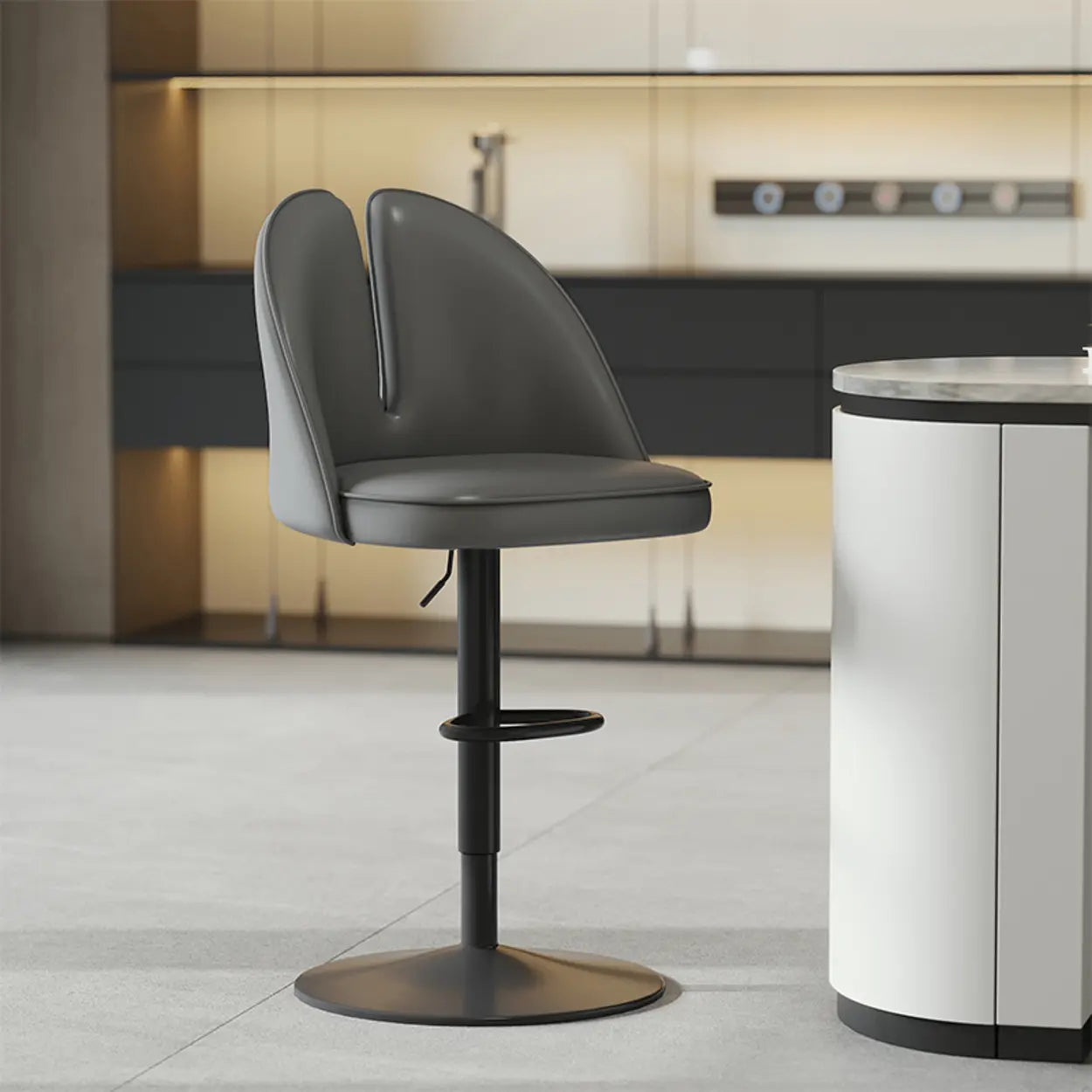 Glam Gray Swivel Leather Bar Stool with Back — Light Gray / Black