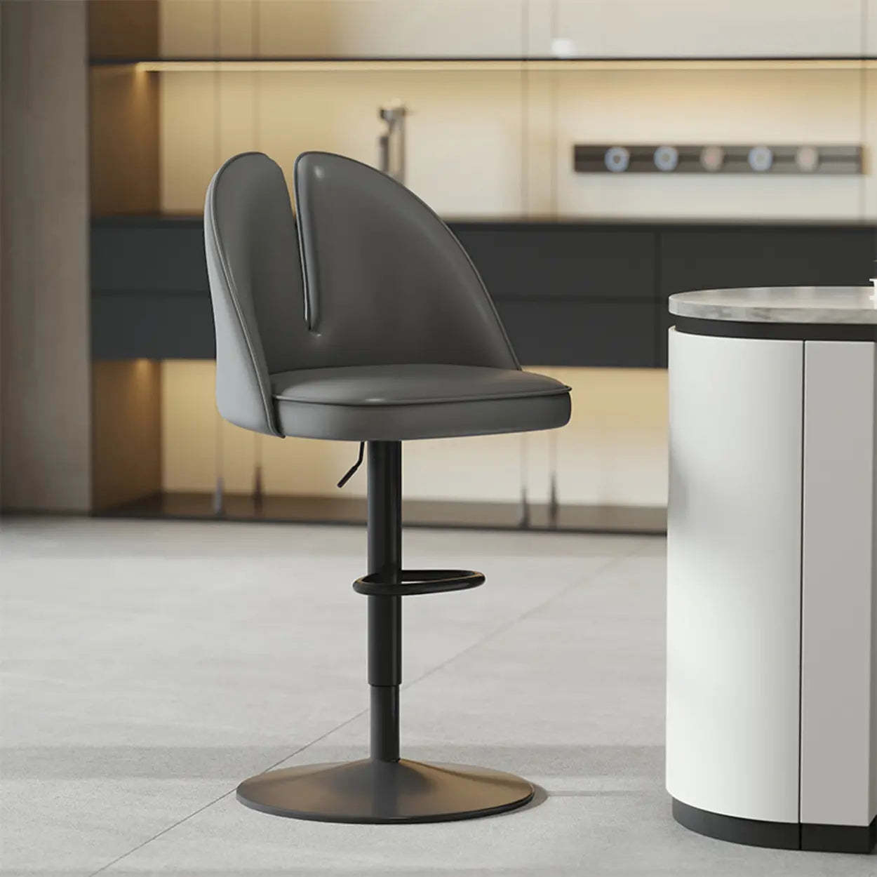 Glam Gray Swivel Leather Bar Stool with Back — Light Gray / Black