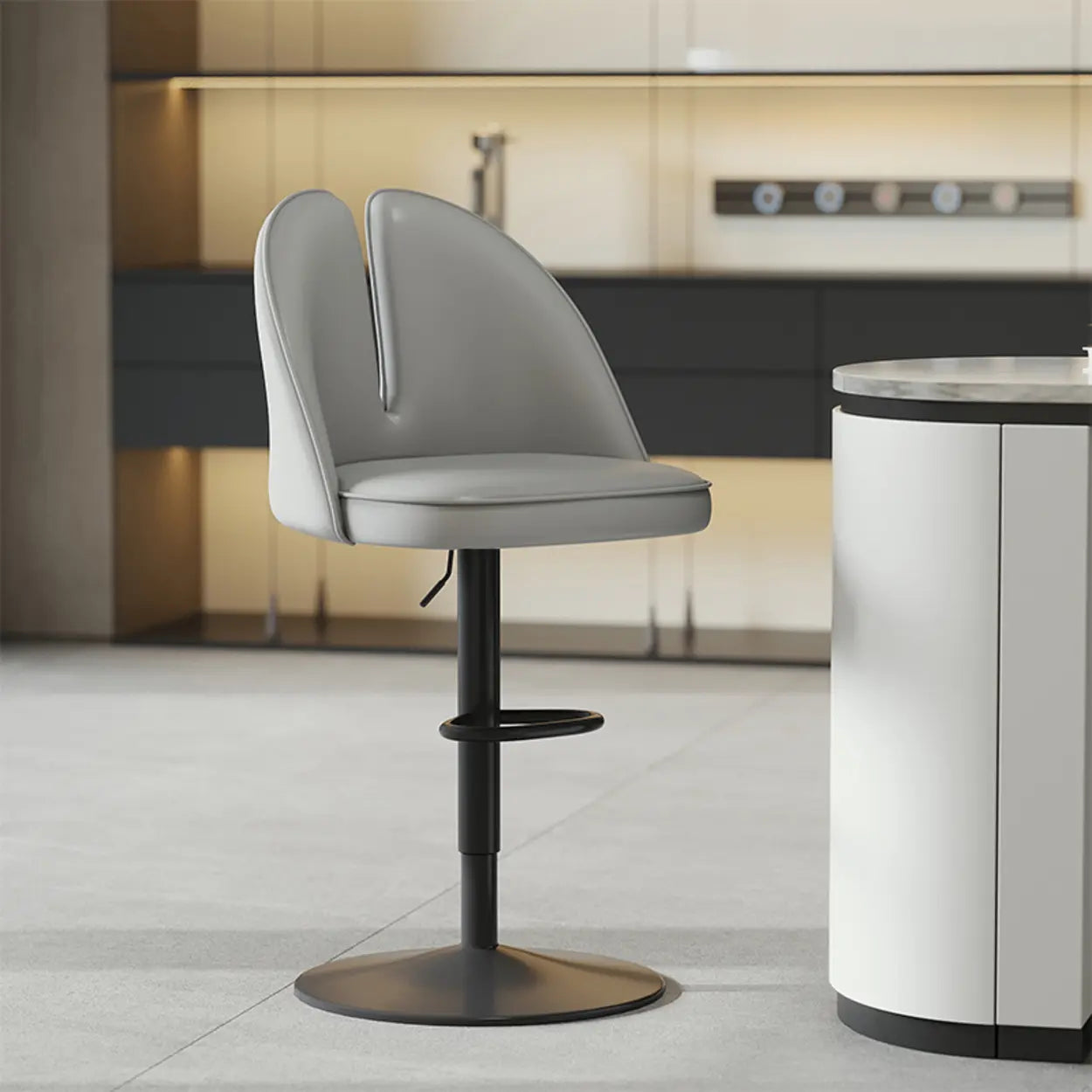 Glam Gray Swivel Leather Bar Stool with Back — Light Gray / Gold