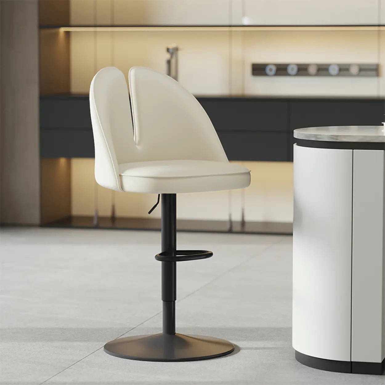 Glam Gray Swivel Leather Bar Stool with Back — Light Gray / Silver