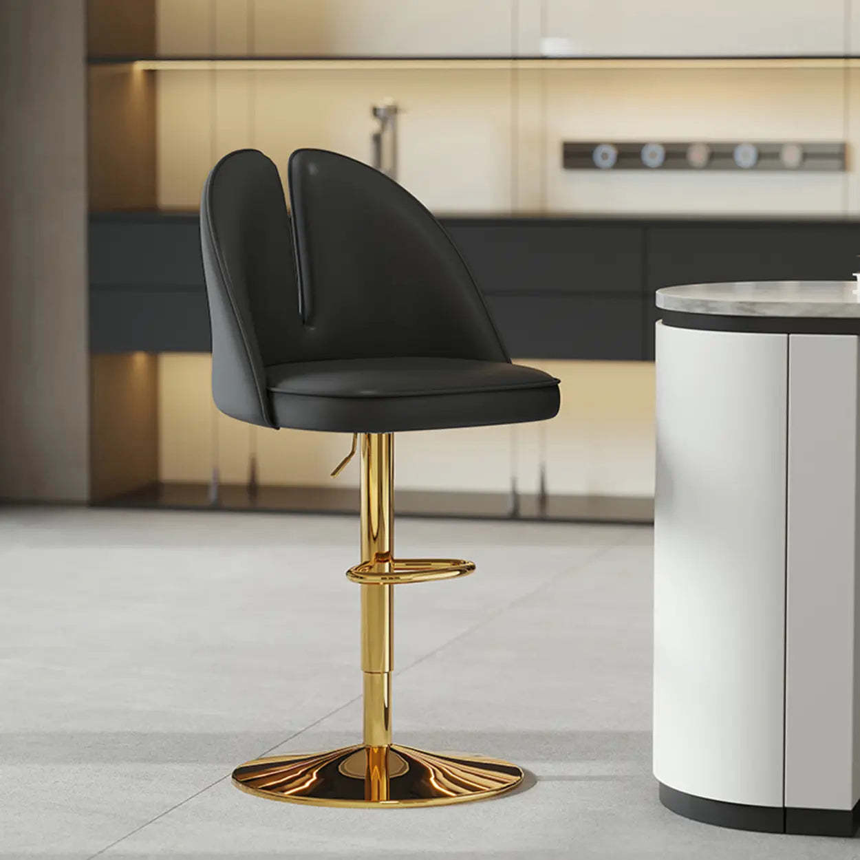 Glam Gray Swivel Leather Bar Stool with Back — Light Gray / Silver