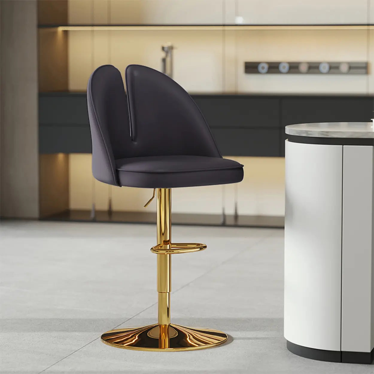 Glam Gray Swivel Leather Bar Stool with Back
