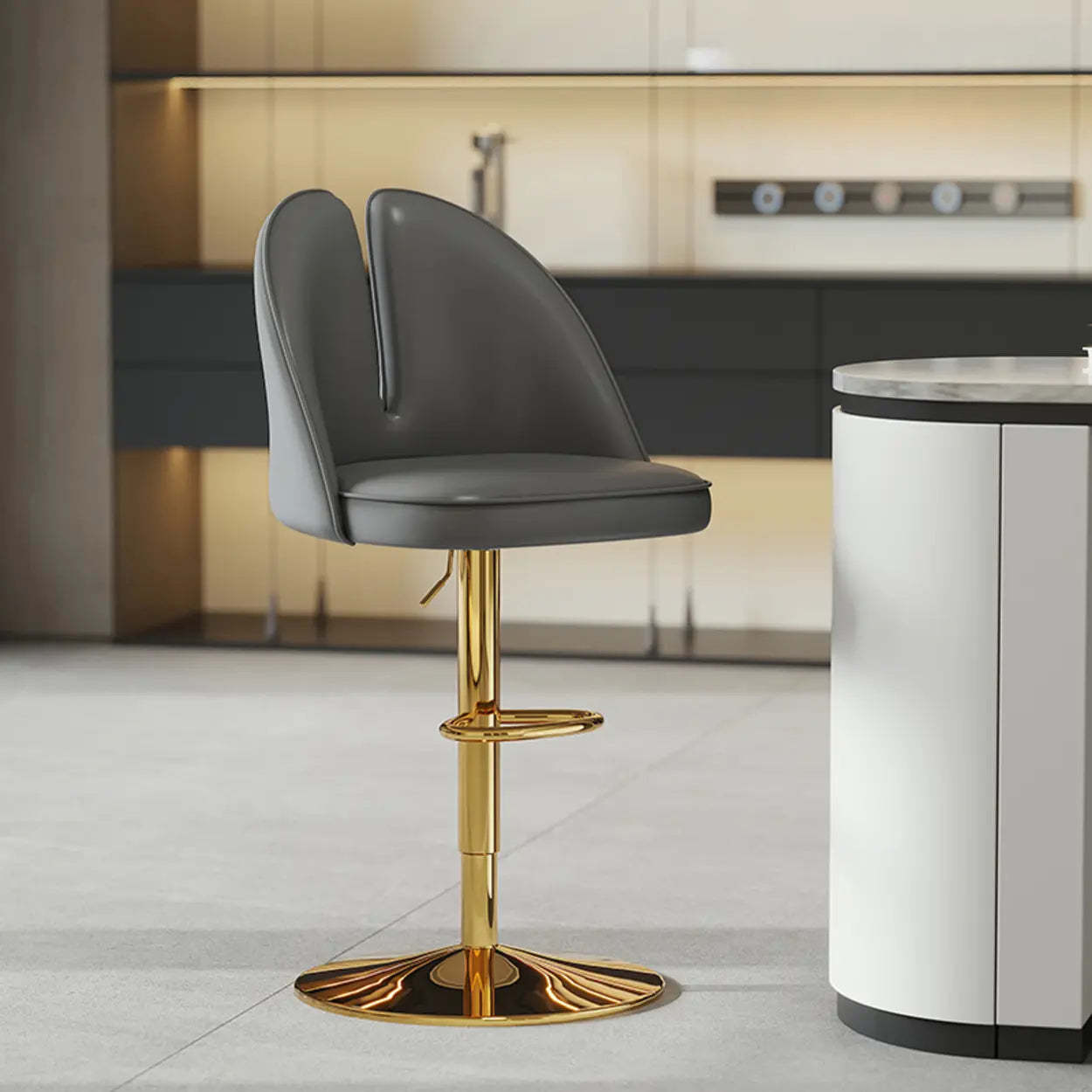 Glam Gray Swivel Leather Bar Stool with Back