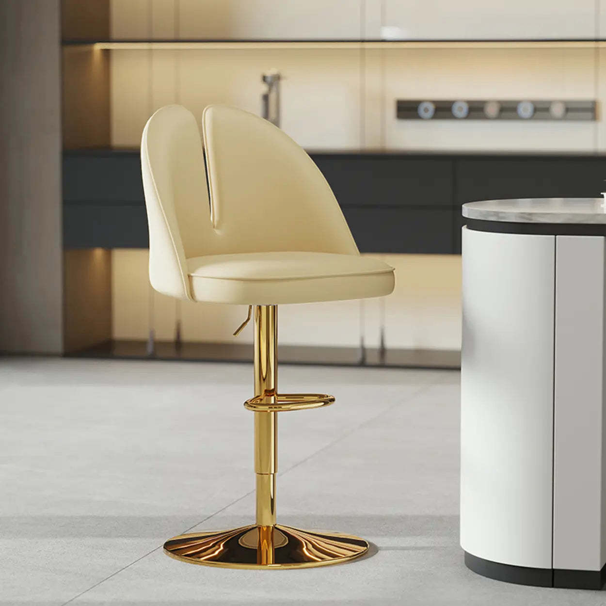 Glam Gray Swivel Leather Bar Stool with Back