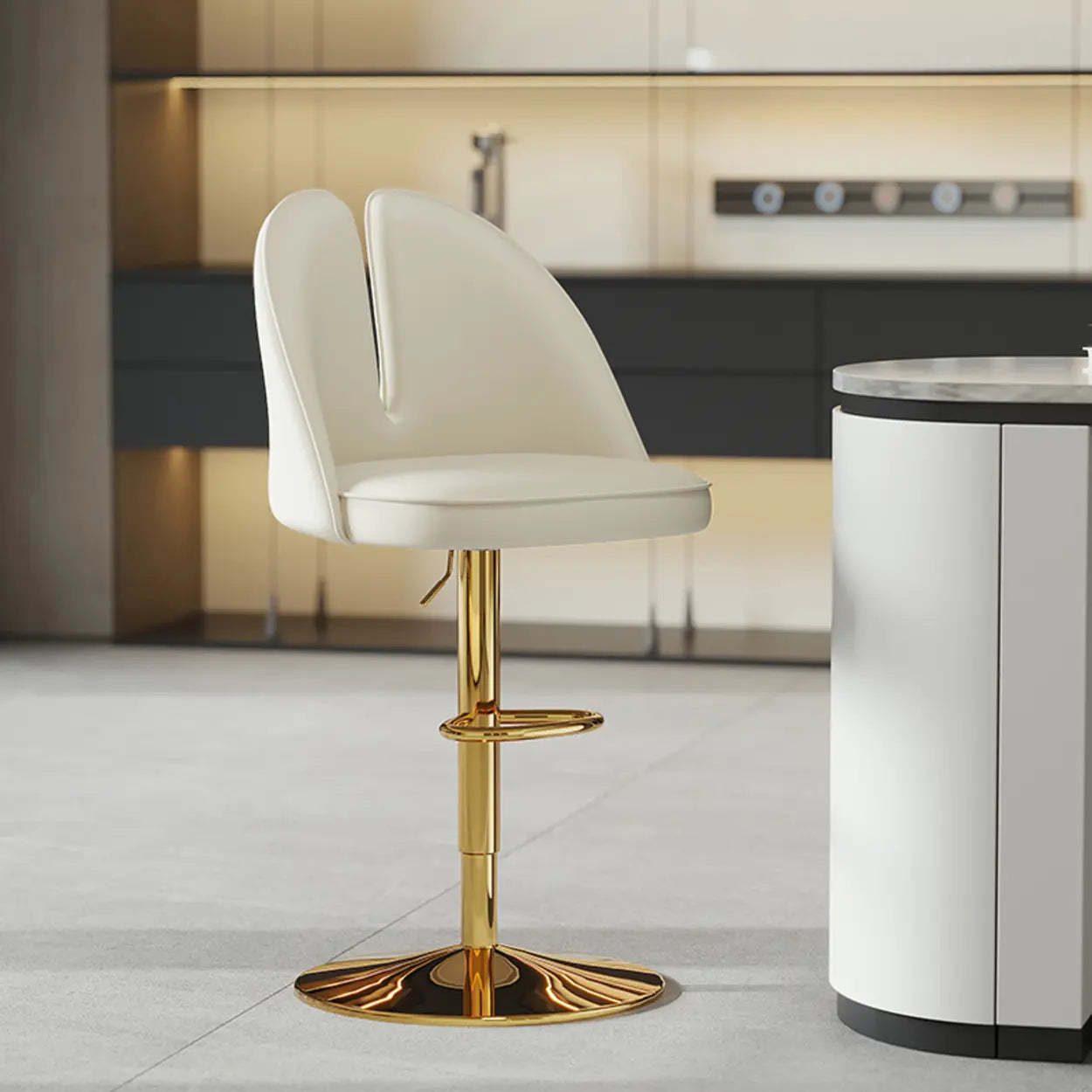 Glam Gray Swivel Leather Bar Stool with Back