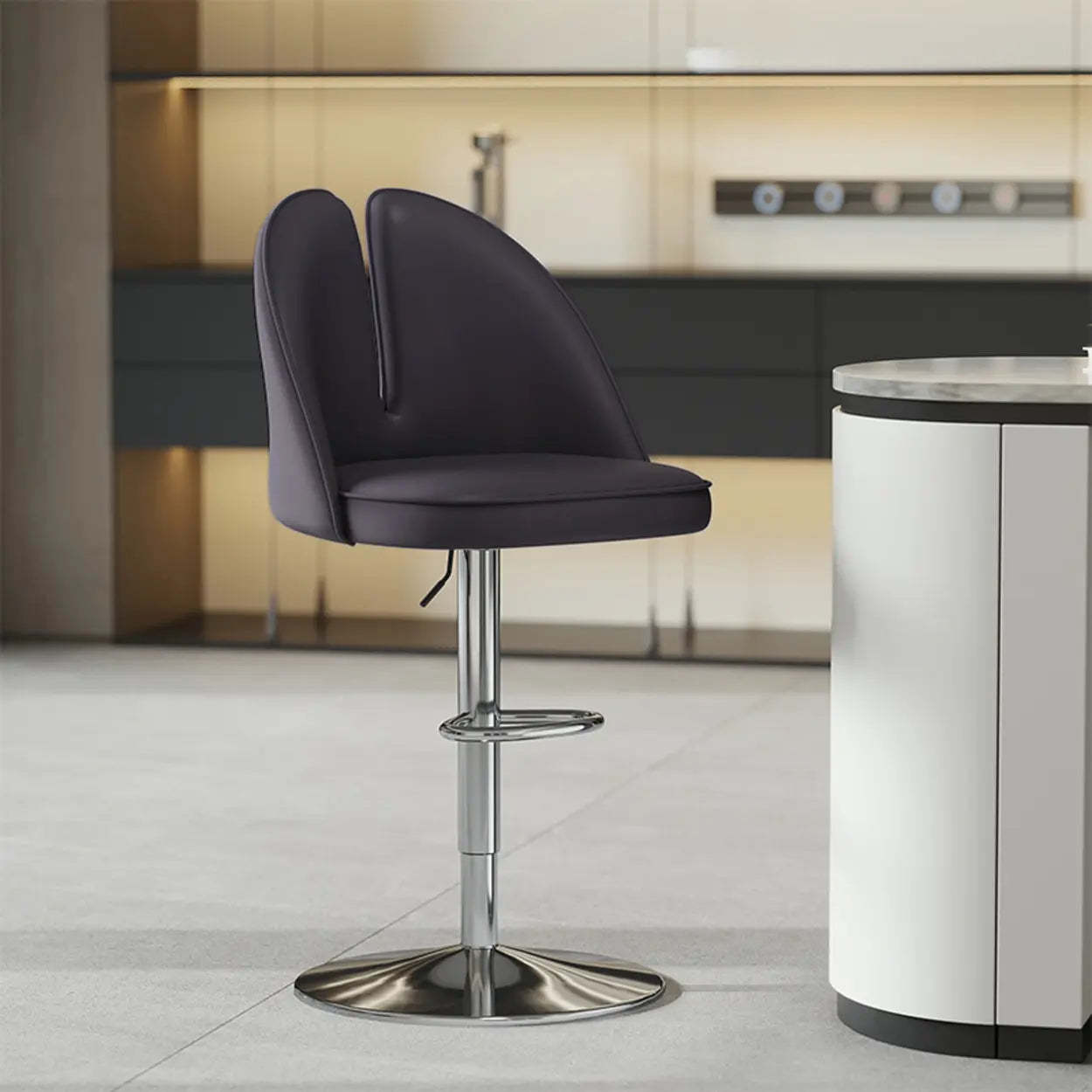 Glam Gray Swivel Leather Bar Stool with Back