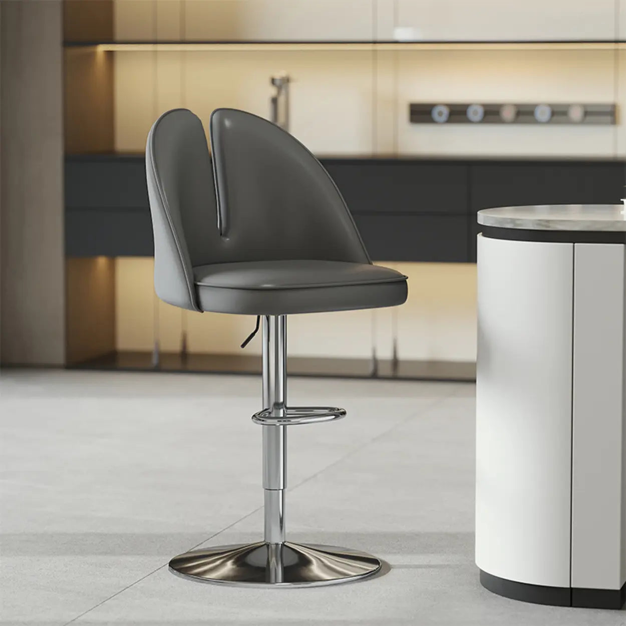Glam Gray Swivel Leather Bar Stool with Back