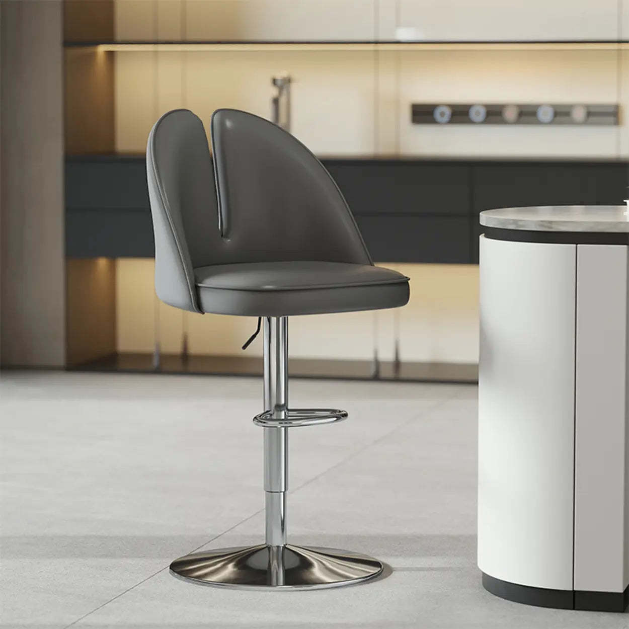 Glam Gray Swivel Leather Bar Stool with Back